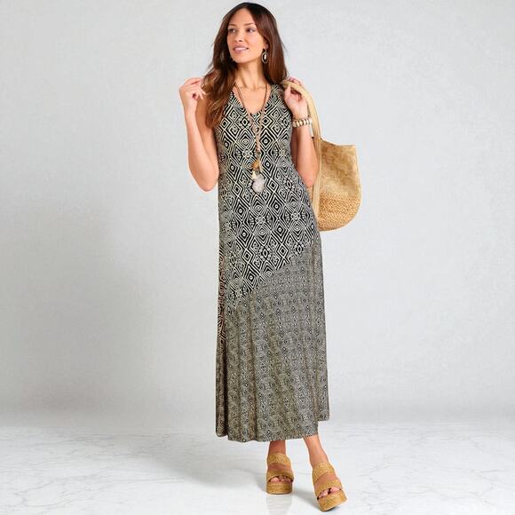 Soft Surroundings Tulum Sleeveless Maxi Dress Medium Tribal Hickory Brown Boho - Picture 1 of 9